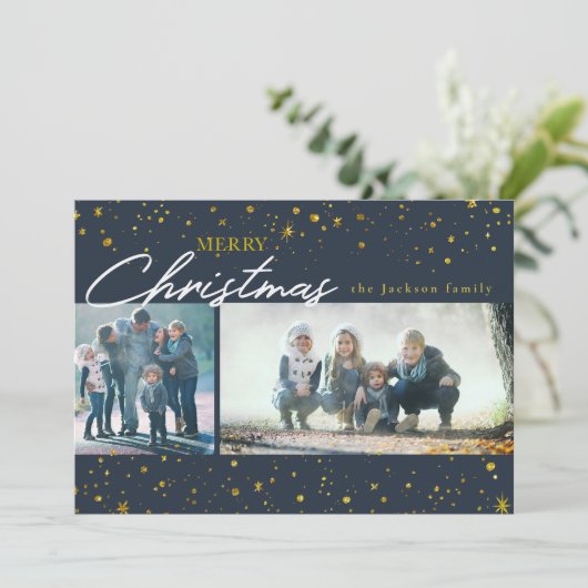 黄金の星モダンダークブルーのクリスマスの挨拶 シーズンカード (スタンド正面)
