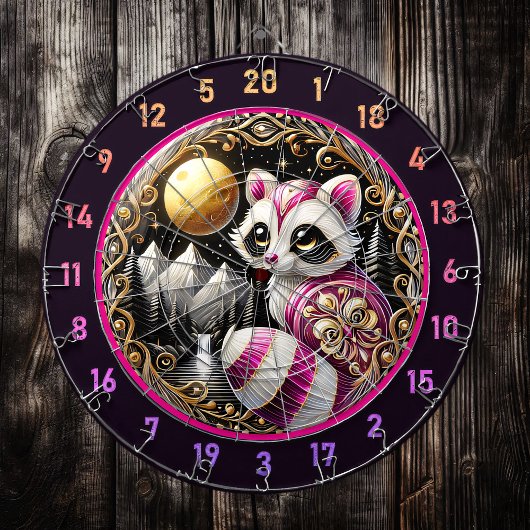 黄金の月の下でピンクのラクーンが輝く ダーツボード