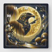 黄金の月光の下に止まったワシ スクエア壁時計 (正面)