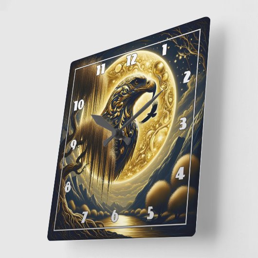 黄金の月光の下に止まったワシ スクエア壁時計 (傾斜)