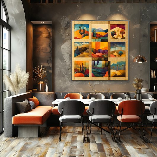 黄金の枠を持つ砂漠芸術グリッド – ジオメトカラフルリ ポスター