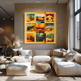 黄金の枠を持つ砂漠芸術グリッド – ジオメトカラフルリ ポスター