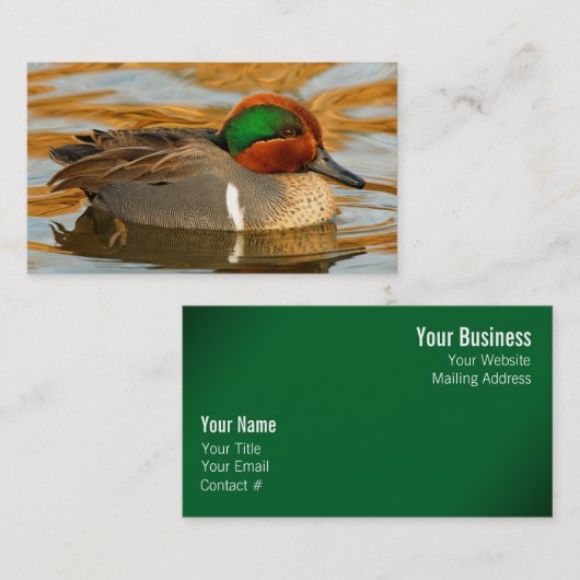 黄金の池に美しい緑の翼のティール(緑がかった色)のアヒル 名刺 (正面/裏面)