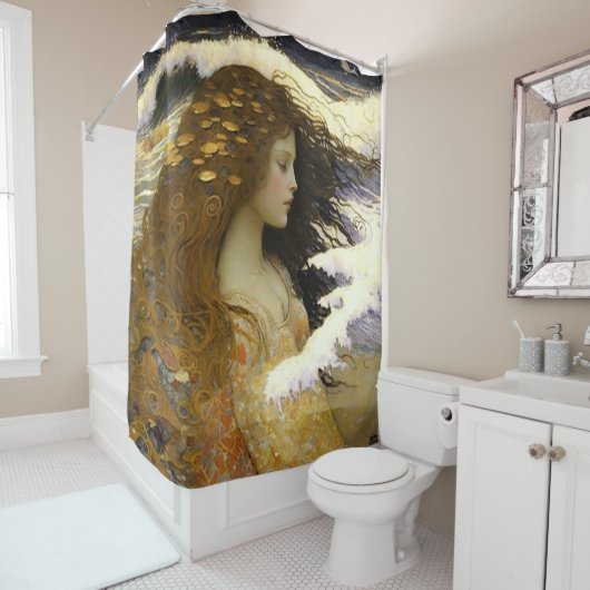 黄金の海の貝殻の夢を見る人魚の眠り シャワーカーテン (インサイチュ)