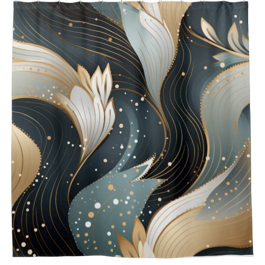 黄金の渦巻きと複雑なパターンのシャワーカータイ シャワーカーテン (正面)