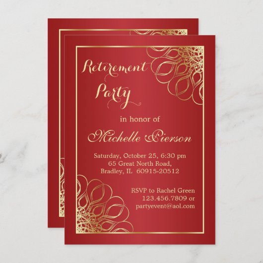 黄金の渦巻き暗い赤の退職パーティー写真 招待状 (正面/裏面)