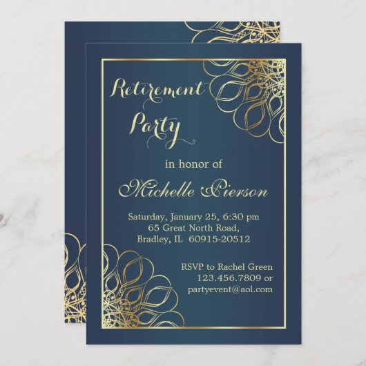 黄金の渦巻き深夜の青の退職パーティー 招待状 (正面/裏面)