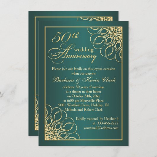 黄金の渦巻き結婚が50周年の写真 招待状 (正面/裏面)