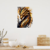 黄金の炎：抽象芸術ドラゴンの怒り ポスター (キッチン)