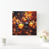 黄金の玉と星のフラクタル スクエア壁時計 (ホーム)