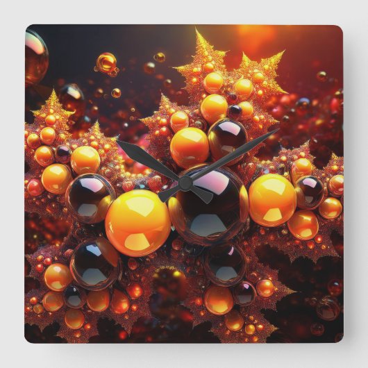 黄金の玉と星のフラクタル スクエア壁時計 (正面)