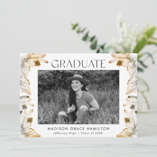 黄金の琥珀の水色の結晶の写真卒業 案内状 (スタンド正面)