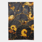 黄金の琥珀の黒ノーチラスのシェルパターン、化石 キッチンタオル (縦)