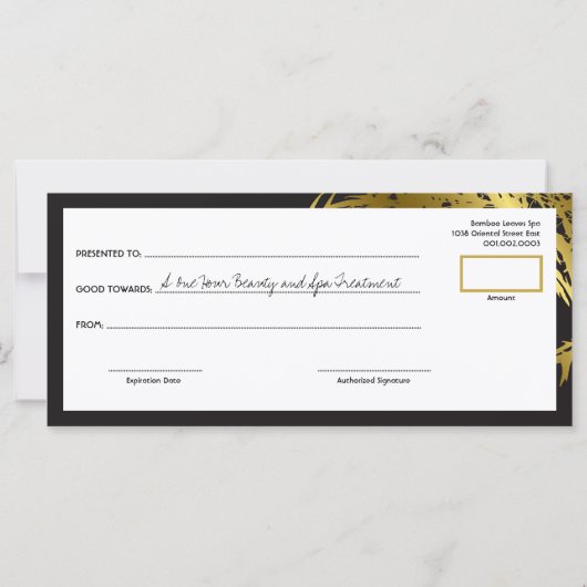 黄金の竹葉のスパのギフト証明書 (裏面)