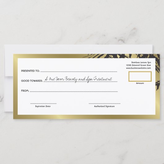黄金の竹葉のスパのギフト証明書 (裏面)