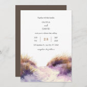 黄金の紫の夕焼けの砂丘のビーチウェディング 招待状 (正面/裏面)