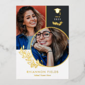 黄金の緑の重なり写真卒業 箔招待状 (正面)