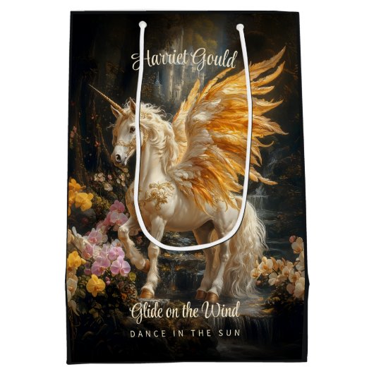 黄金の翼を持つ魔法の森のユニコーン ミディアムペーパーバッグ (裏面)