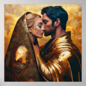 黄金の背景に浮かぶ恋人たちのキス | ヴィンテージ ポスター (正面)