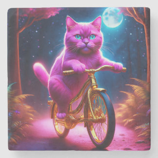 黄金の自転車風光明媚な道のピンクの猫 ストーンコースター