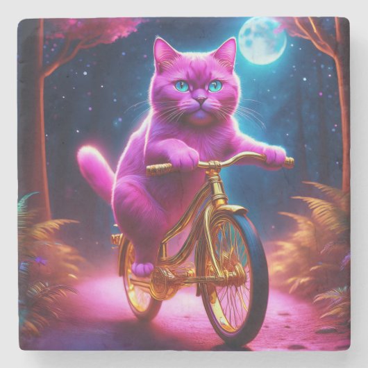 黄金の自転車風光明媚な道のピンクの猫 ストーンコースター (正面)