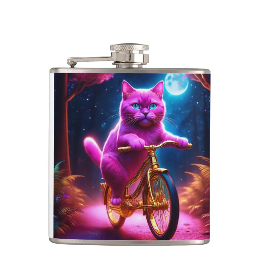 黄金の自転車風光明媚な道のピンクの猫 フラスク (正面)
