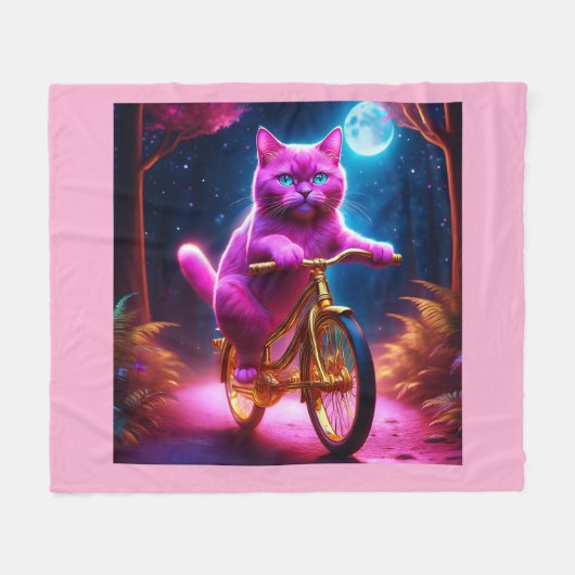 黄金の自転車風光明媚な道のピンクの猫 フリースブランケット (正面(横))