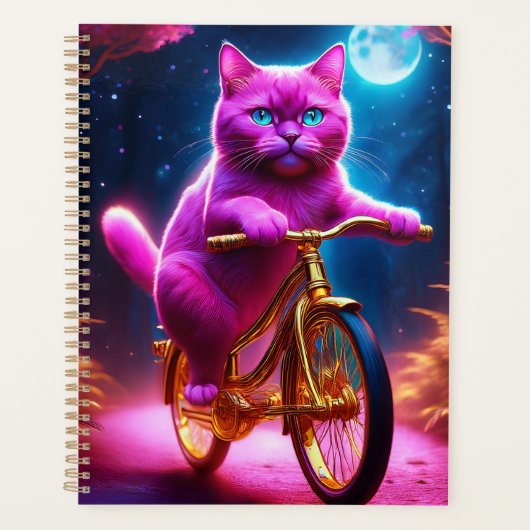 黄金の自転車風光明媚な道のピンクの猫 プランナー手帳 (正面)