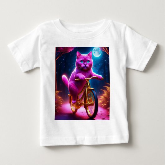 黄金の自転車風光明媚な道のピンクの猫 ベビーTシャツ (正面)
