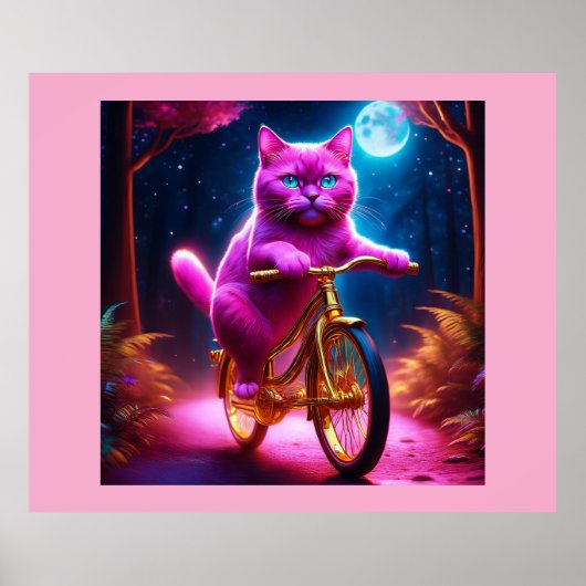 黄金の自転車風光明媚な道のピンクの猫 ポスター (正面)