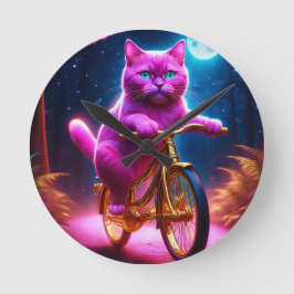 黄金の自転車風光明媚な道のピンクの猫 ラウンド壁時計