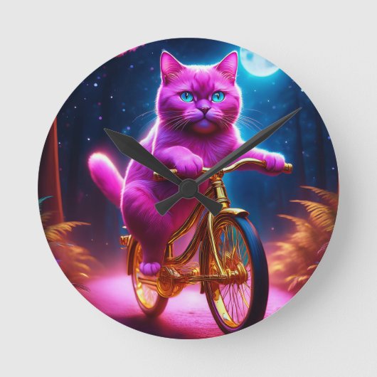 黄金の自転車風光明媚な道のピンクの猫 ラウンド壁時計 (正面)