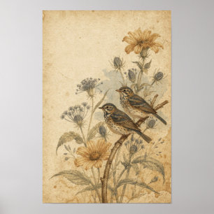 黄金の花々に囲まれた小鳥たちのウォールアート ポスター
