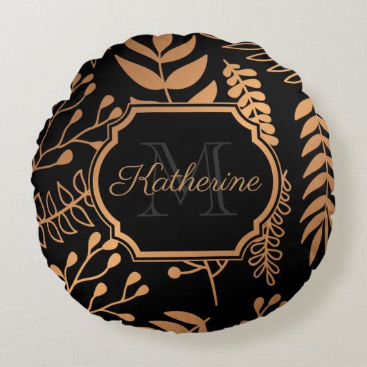 黄金の花の模様 ラウンドクッション (正面)