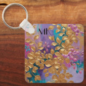黄金の花オ色彩の鮮やかンピンク薄紫ターコイズ キーホルダー (正面)