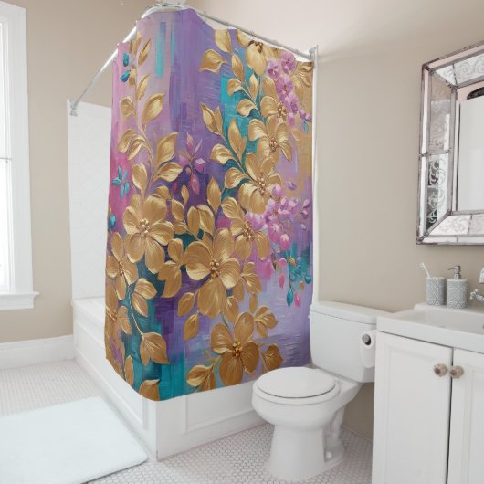 黄金の花オ色彩の鮮やかンピンク薄紫ターコイズ シャワーカーテン (インサイチュ)