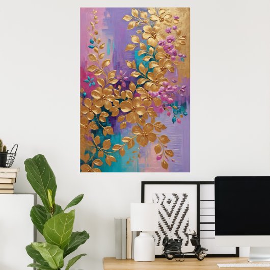 黄金の花オ色彩の鮮やかンピンク薄紫ターコイズ ポスター (ホームオフィス)