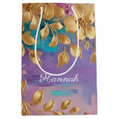 黄金の花オ色彩の鮮やかンピンク薄紫ターコイズ ミディアムペーパーバッグ (正面)