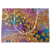 黄金の花オ色彩の鮮やかンピンク薄紫ターコイズ ラージペーパーバッグ (正面)