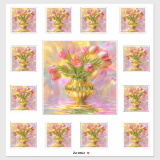 黄金の花瓶に活けた鮮やかなピンクのチューリップ シール (シート)