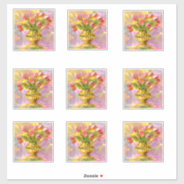 黄金の花瓶に生けた鮮やかなピンクのチューリップ シール
