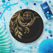 黄金の花 |黒のエレガント金ゴールドフローラ ペーパープレート (パーティー)