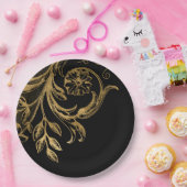 黄金の花 |黒のエレガント金ゴールドフローラ ペーパープレート (パーティー)