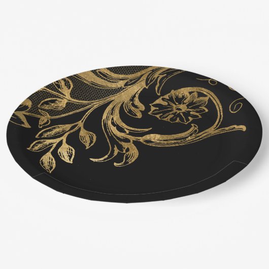 黄金の花 |黒のエレガント金ゴールドフローラ ペーパープレート (アングル)