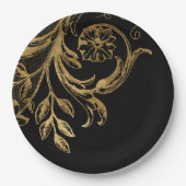 黄金の花 |黒のエレガント金ゴールドフローラ ペーパープレート (正面)