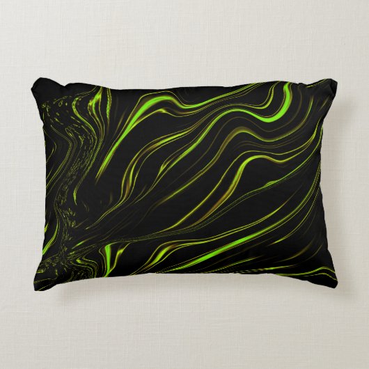 黄金の草、黒いファンドの波状の緑の長いトレース アクセントクッション (正面)