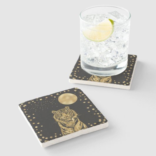 黄金の虎の星と月が黒に ストーンコースター (横)