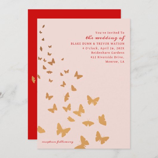黄金の蝶結婚の 招待状 (正面/裏面)