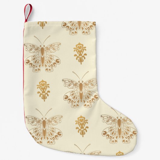 黄金の蝶、白のシームレスなヴィンテージバックグロ スモールクリスマスストッキング (正面)