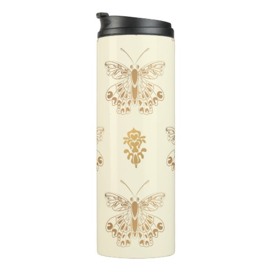 黄金の蝶、白のシームレスなヴィンテージバックグロ タンブラー (回転右)